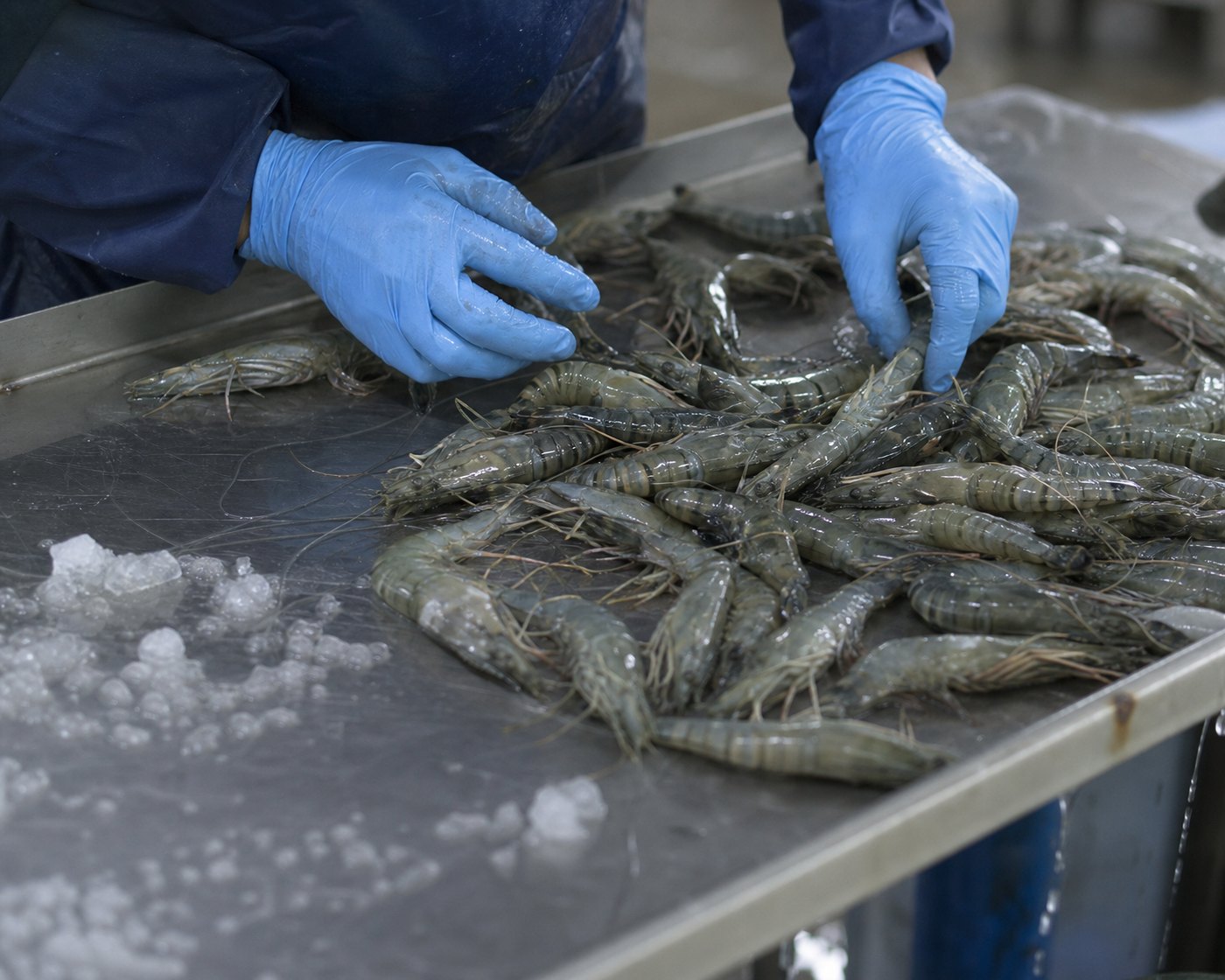 Gloved hands size-grading raw black tiger prawn on a stainless steel bench
