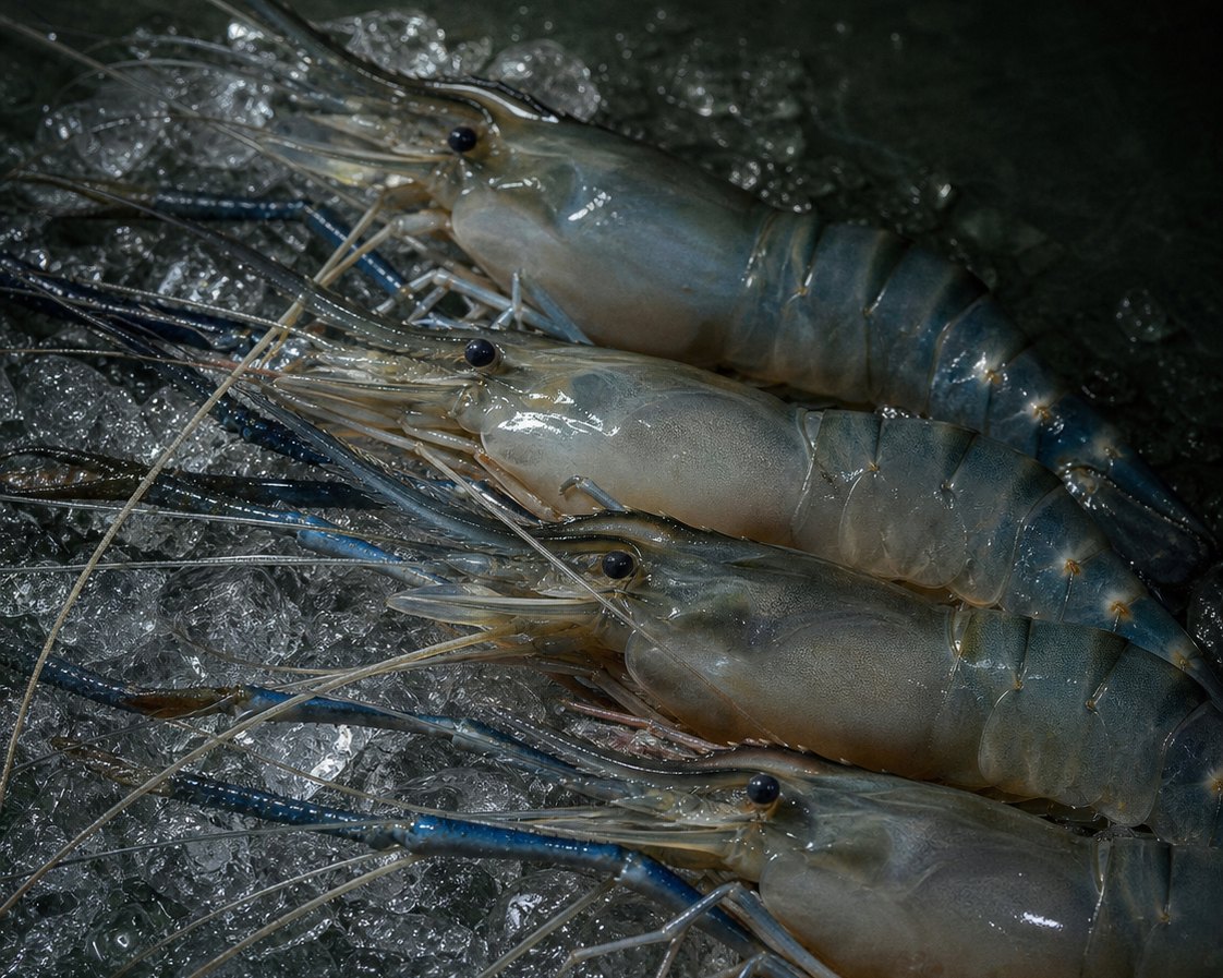 Whole raw prawns laid on crushed ice
